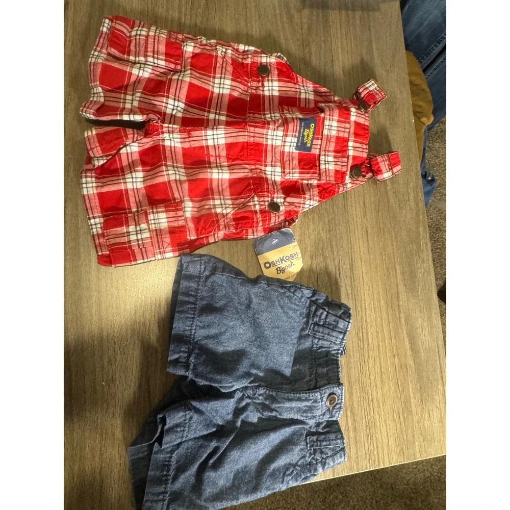 OshKosh Bgosh Baby Boy 6M Red Plaid Overalls‎ NWT & preowned Blue Shorts bundle